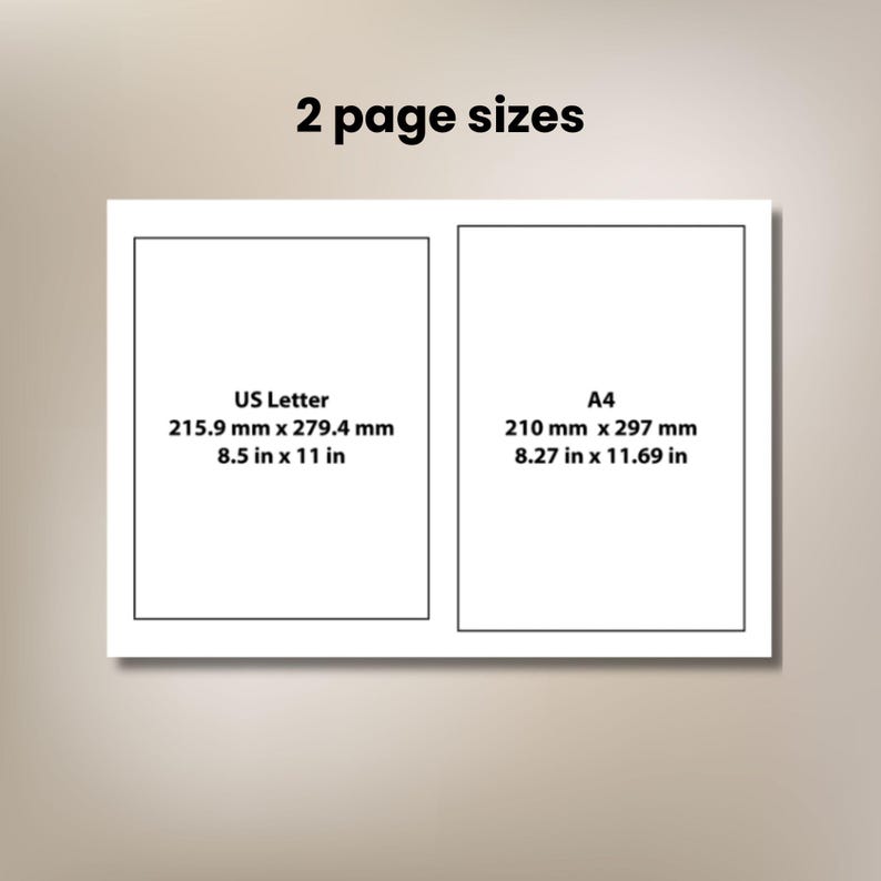 May include: A graphic displaying 2 page sizes with the text 2 page sizes at the top. Two white rectangles are shown side by side. The left rectangle is labeled US Letter, 215.9 mm x 279.4 mm, 8.5 in x 11 in. The right is labeled A4, 210 mm x 297 mm, 8.27 in x 11.69 in.