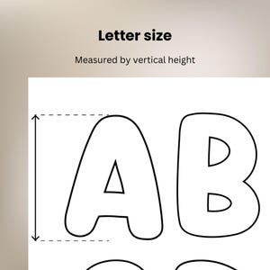May include: A graphic illustration showing the uppercase letters A and B in a bold, black outline style. The text Letter size and Measured by vertical height appear above. A vertical double-headed arrow indicates the measurement of the letter height.