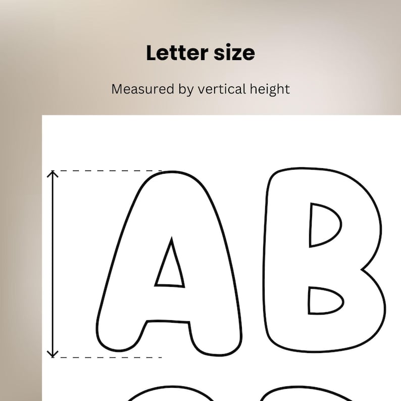 May include: A graphic illustration showing the uppercase letters A and B in a bold, black outline style. The text Letter size and Measured by vertical height appear above. A vertical double-headed arrow indicates the measurement of the letter height.