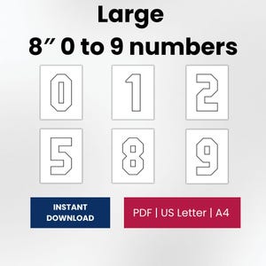 May include: A set of large 8-inch tall number stencils from 0 to 9, presented as a digital file. The image displays the numbers 0, 1, 2, 5, 8, and 9 in a bold outline font. Below the numbers are two rectangular buttons labeled Instant Download and PDF | US Letter | A4.