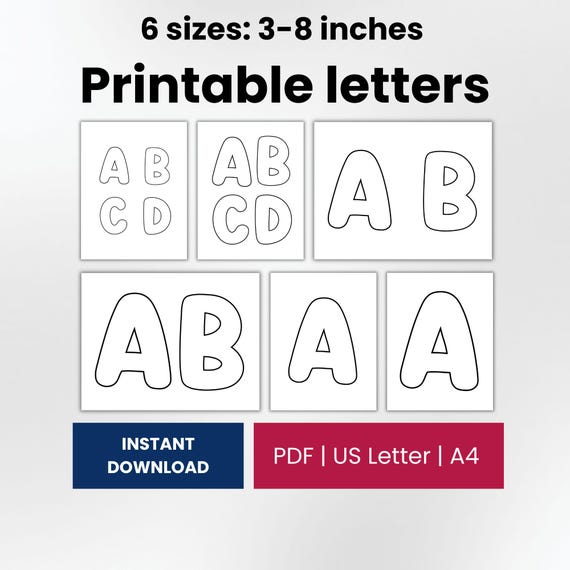 Bubble Letter Alphabet Templates A-Z - Uppercase Printable PDF, 6 Sizes 3-8 Inch, Classroom Decor, Bulletin Board, Coloring Pages, DIY Craft