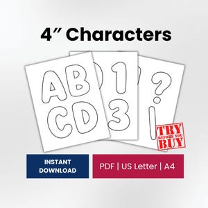 Può includere: Ritagli di carta bianca di lettere e numeri, tra cui A, B, C, D, 1, 3, ?, e !. Il testo "4" Characters" è in alto. Il testo "TRY BEFORE YOU BUY" è in un riquadro rosso. Il testo "INSTANT DOWNLOAD" è in un riquadro blu.
