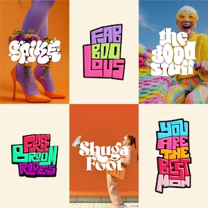 May include: A collection of six images featuring text-based designs. The images display the phrases "Spike", "Fab Boo Lous", "the good stuff", "Free Room Rides", "Shuga Foot", and "You are the Best Mom". The overall style is vibrant and colourful.