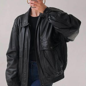 Oversized Genuine Leather Biker Jacket - 1990s Style