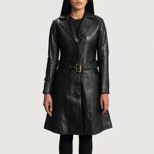 Women&#39;s Black Leather Trench Coat: 90s Biker Style Long Over Coat