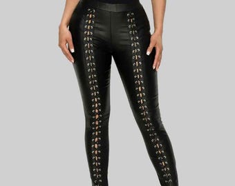 Lace-Up Genuine Leather Biker Pants - High-Waist Gothic Style, Gift For Her