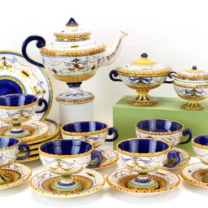 Saca Pottery Italian Tea set 20+ Pieces - Tea Pot, Cream & Sugar, Desert Plates, Pedestal Cups with Saucers
