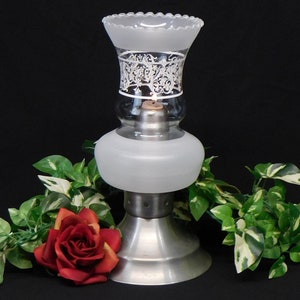 Vintage Pewter Candlestick Holder with Hurricane Shade Stenciled Design Spring Loaded Candle Chamber