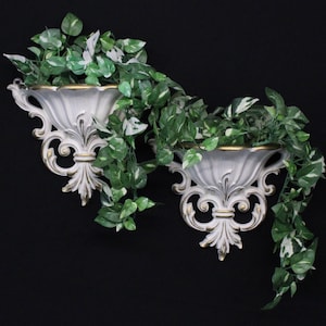 Vintage White and Gold Wall Pocket  Set of 2 French Provencal Decor Hand Painted