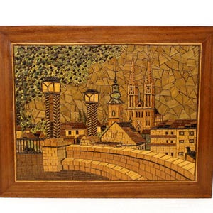 Inlay Marquetry Wall Art Inlaid Wood Picture Architectural Landscape Brick Wall overlooking Cathedral and Steeple