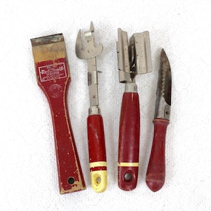 Vintage Wooden Red Handle Kitchen Tools - Primitive Kitchen Decor - Lot of 4 - Can Opener, Knife Sharpener, Peeler, Scraper