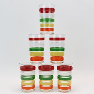 Vintage Hazel Atlas Glass Tumblers Set of 6 Fiesta Stripe 4.75&quot; Mid Century Glassware
