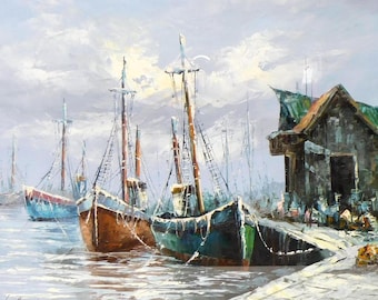 Max Savy Original Signed Oil Painting – Maine Harbor Scene, Framed