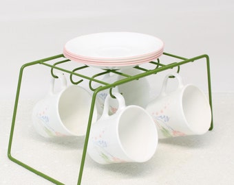 Vintage Dish Rack Green Vinyl Coated Wire Kitchen Organizer Open Shelf Storage Dish Rack with Hooks