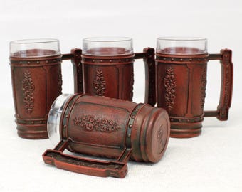 Set of 4 Faux Wood Plastic Beer Stein Mugs - Rustic Camping Drinkware