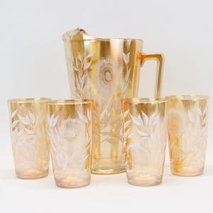Vintage Jeannette Carnival Glass Iridescent Marigold Cosmos Pitcher with 4 Glasses