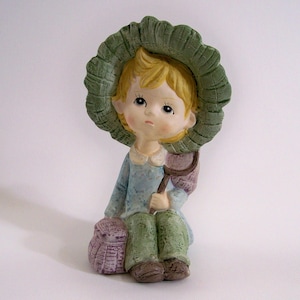 Vintage Bank Norleans Japan Girl Fishing Statue, Hard Plastic, Piggy Bank, Coin Bank, Children&#39;s Room