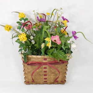 Woven Wicker Hanging Wall or Door Basket Pink Rattan Ribbon Handmade