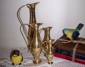 Brass Pitcher Collection Graduating Sizes Gold Shelf Decor Shabby Chic Glam Hollywood Regency Wedding Table Decor