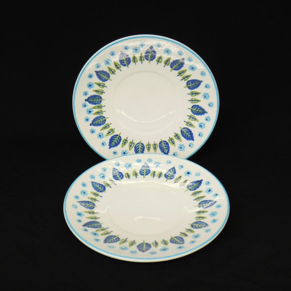 Vintage Marcrest Alpine Swiss Chalet 5 1/2” Saucers, Set of 2, Small Plates, Blue Teal and Green Leaves 1960's Mid Century Dinnerware