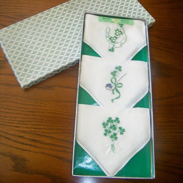 Vintage Irish Cabin, Pure Irish Linen, Hand Loom Embroidered Handkerchiefs, Hand Embroidered Boxed Set of Three, Horseshoe, Pipe, Shamrocks