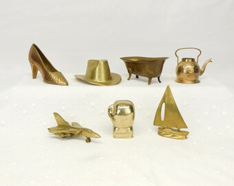 Vintage Brass Figurine Your Choice Shoe Boxing Glove Tea Pot Bathtub Boat Cowboy Hat Fighter Jet