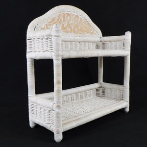 Vintage Wicker Shelf, Two Tier Shelf, White Wicker Rattan, Free Standing or Wall Hanging, Bathroom Shelf, Vanity Storage, Reinforced, Sturdy
