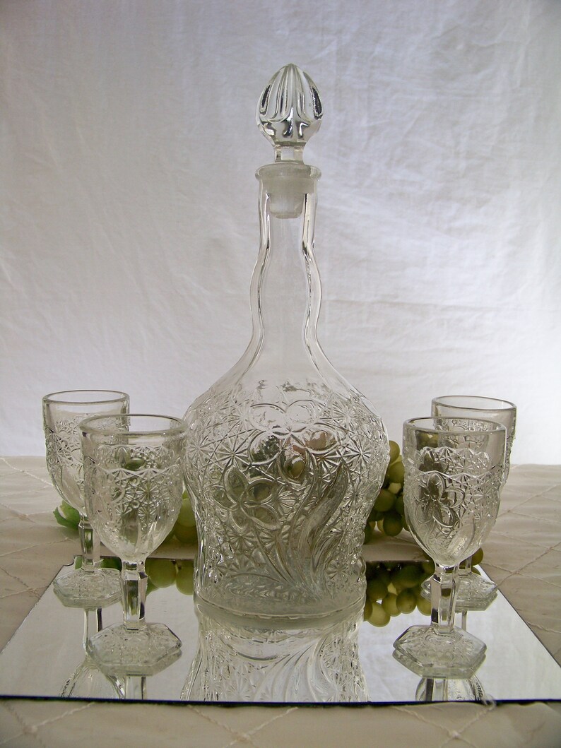 Vintage Decanter Liquor Bottle Sherry Glasses Cut Glass Etsy