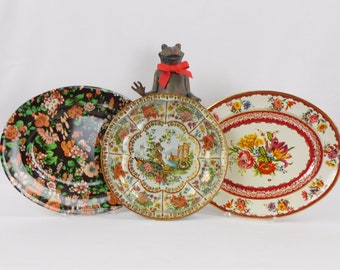 Vintage Blechtablett Tablett 3er-Set - Daher Decorated Ware - 1971 - Florales Serviertablett - England - 2 Nevco Floral Trays - Südafrika