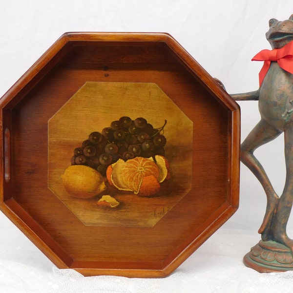 Vintage Wood Octagon Tray, Henk Bos Still Life, Wood Tray with Fruit, Cut Out Handles, Decoupage Art