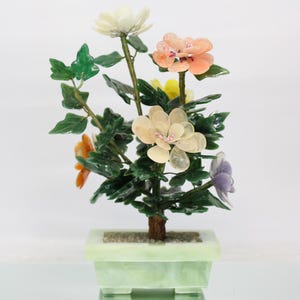 Vintage Carved Stone Flowering Tree in Planter 10&quot; x 6&quot; Chinese Stone Art Sculpture