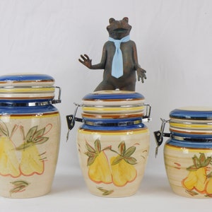 Vintage Canister Set Ceramic Storage, Pear Fruit Design, Kitchen Canisters, Clamp Closure Everyday Gibson