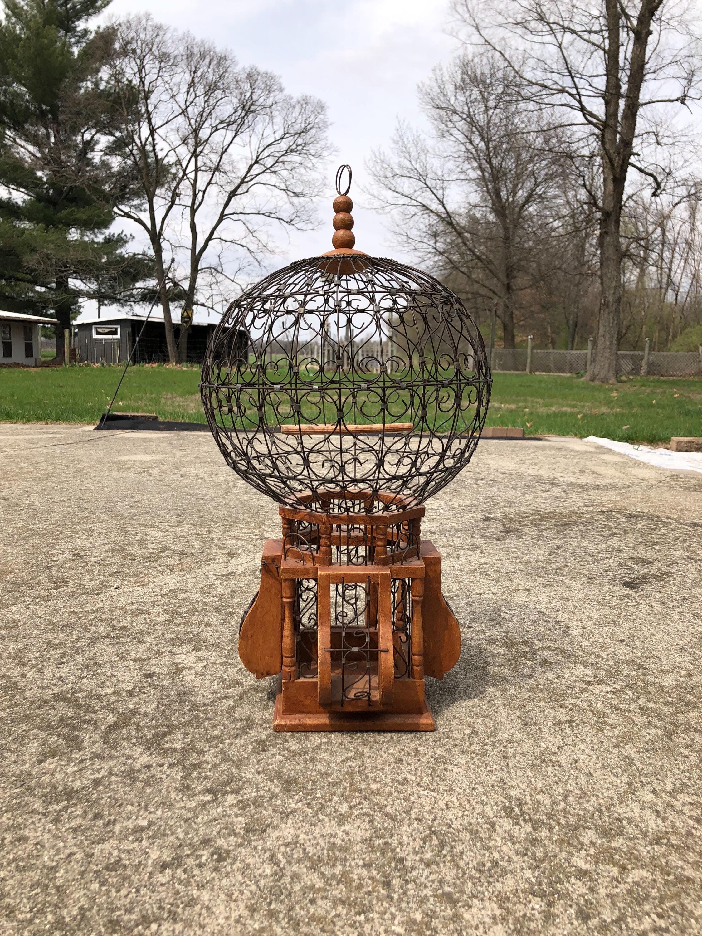 Bird Cage Vintage Hanging Round Balloon Top Wood & Wire Bird Cage