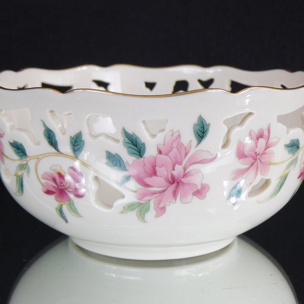 Vintage Lenox Pierced Bowl, Table Centerpiece, Barrington Pattern, Pink Floral