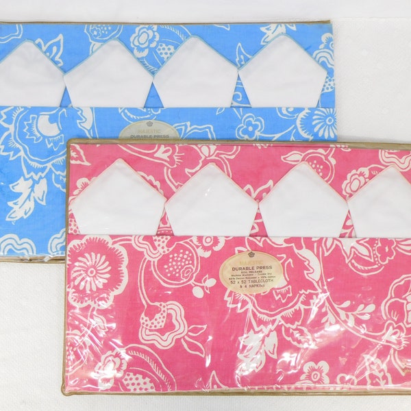 Vintage TableCloth and 4 Napkin Set Majestic Creations 52" x 52" Square Durable Press Polyester Cotton NIP Choose Pink or Blue