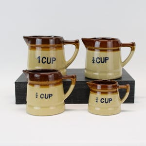 Vintage Ceramic Measuring Cup Set 1970&#39;s Brown/Tan Ceramic Pitcher Style Jugs with Pour Spout