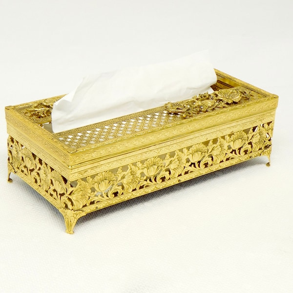 Tissue Box Footed Brass Gold Tone Metal Tissue Box with Raised Flowers Hinged Lid