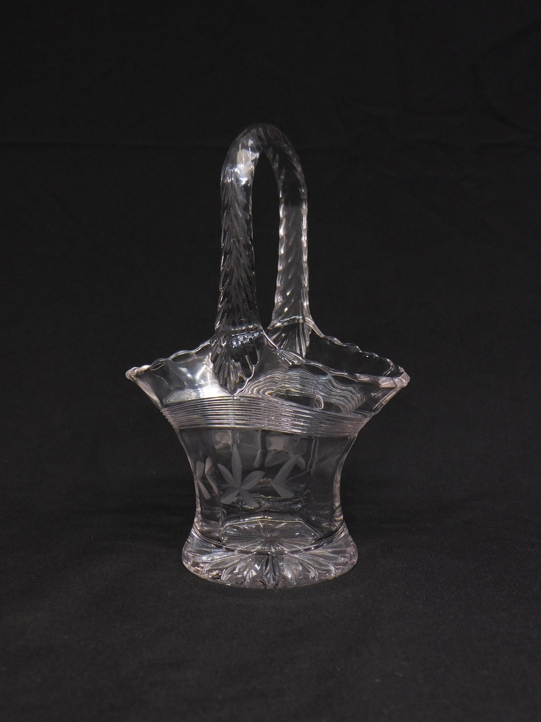 Vintage Bride Basket, Pressed Glass, Small Bridal Basket, Etched Flower, Gift for Bride, Bridal