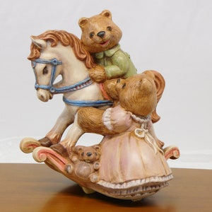 Vintage Ceramic Rocking Horse with Boy and Girl Bears Nursery Room Decor Baby Shower Gift