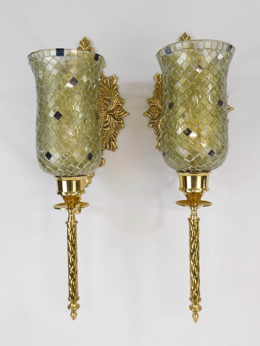 Vintage Solid Brass Wall Sconce Pair, Hollywood Regency, Mosaic Glass