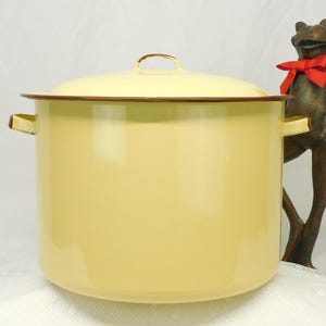 May include: A large, yellow enamel pot with a lid and side handles. The pot has a brown rim and handle. A bronze frog statue with a red bow tie stands next to the pot. The pot is likely used for cooking.