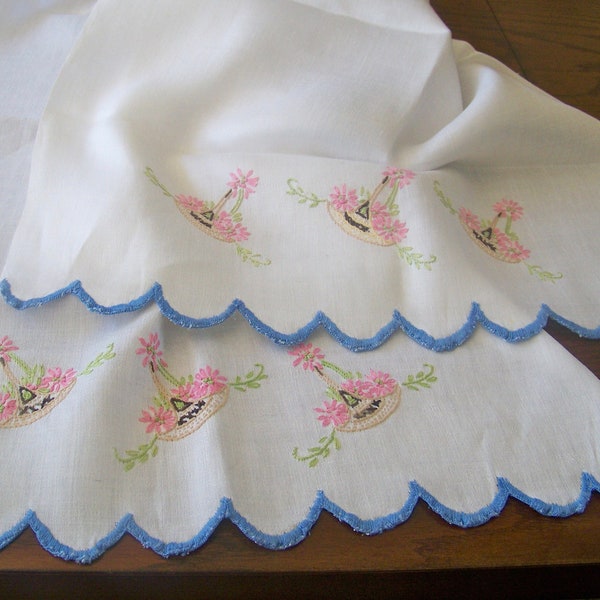 Vintage Table Runner Dresser Scarf Embroidered Flowers with Hand Sewn Edge 51" Length