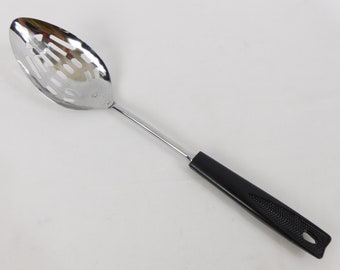 Vintage Slotted Spoon, Stainless Steel, Made in USA, Kitchen Gadget, Black Handle Utensil, Hanging Utensil, Retro Kitchen Tool