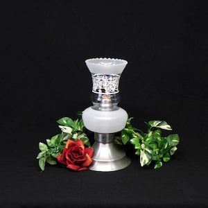 Vintage Pewter Candlestick Holder with Hurricane Shade Stenciled Design Spring Loaded Candle Chamber