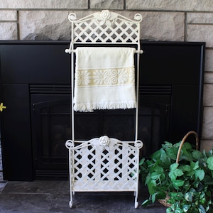 White Metal Towel Rack with Storage Basket – Vintage Shabby Chic Bathroom Decor - Freestanding Lattice And Rose Design