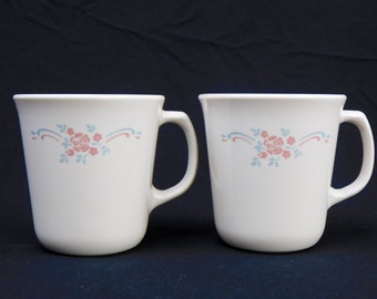 Vintage Corelle English Breakfast, Set of 2, Corelle Mugs, Pink Floral, Blue & Pink Lines, Coffee Mug, Coffee Cup, Replacements