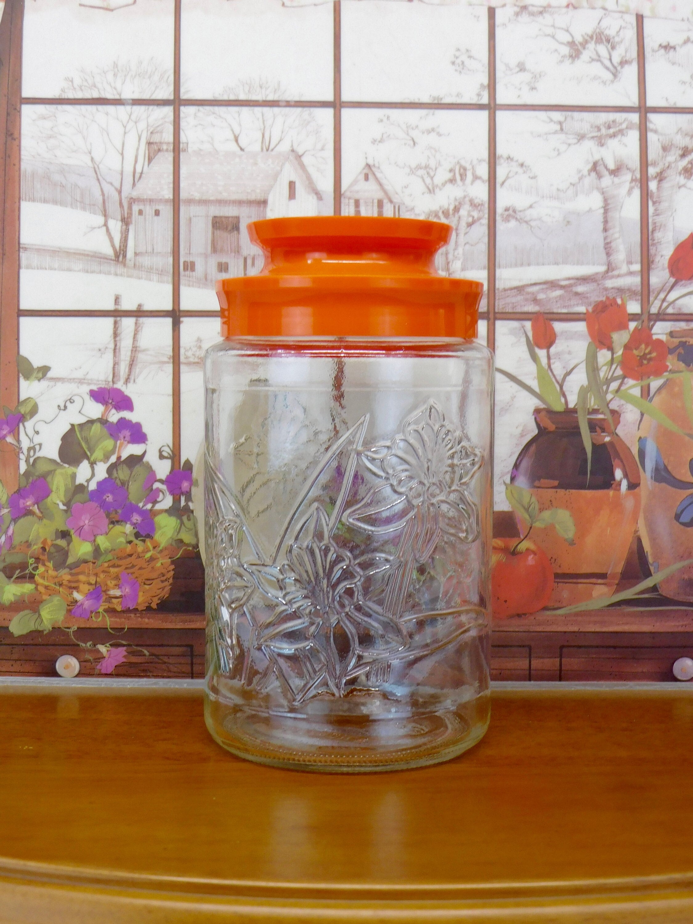 Vintage Anchor Hocking spring and bridge Glass Jars With Red and Orange  Plastic Lids. Juice Carafe. 