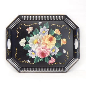 Metal Tray Vintage Hand Painted  Floral Design by Rubel Pierced Rim Rectangle Tray with Handles Tray Wall