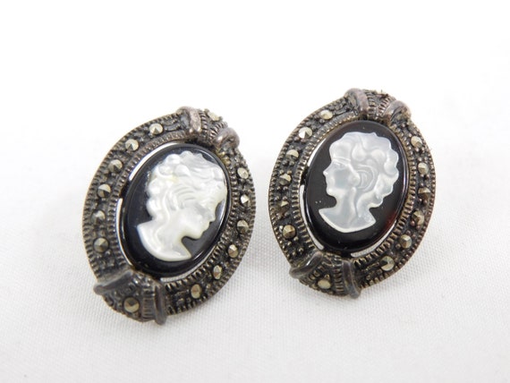 Cameo 925 Sterling Silver Marcasite Black Onyx MO… - image 2