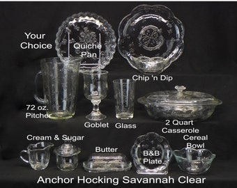 Anchor Hocking Savannah Clear Dinnerware Your Choice Pitcher, Casserole Dish,  Cream & Sugar, Chip &#39;n Dip, Goblet, Drinking Glass, Quiche